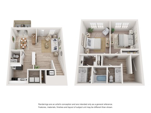 a stylized floor plan of a two bedroom apartment